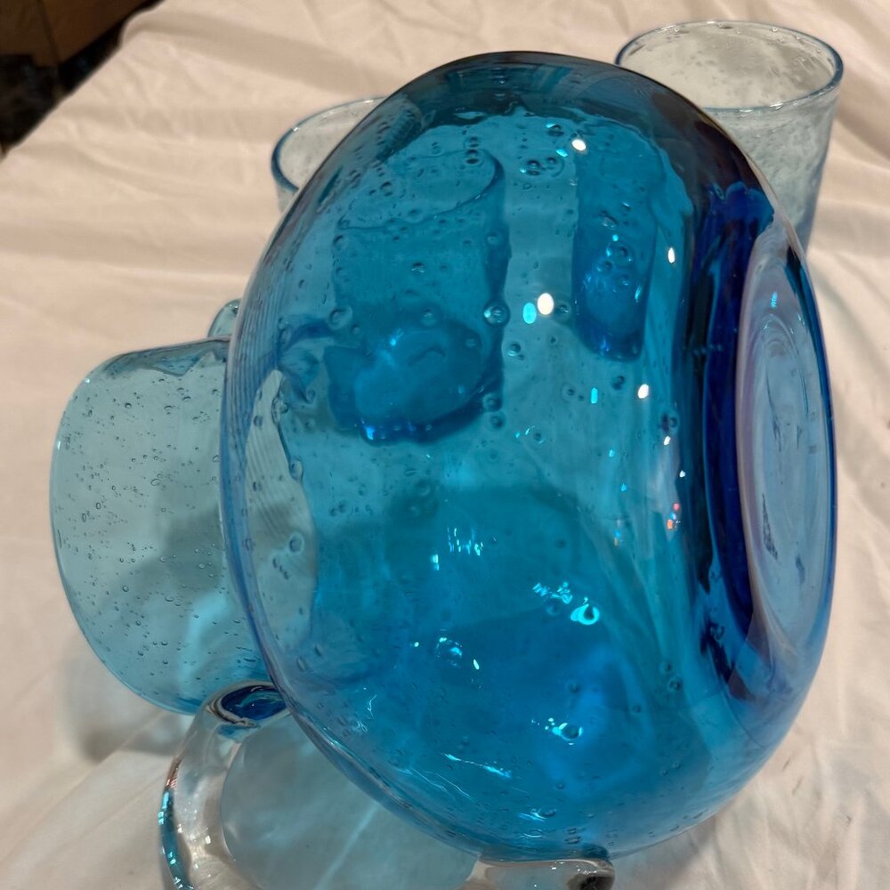Artland Iris 90oz Handblown Glass Pitcher Turquoise w/ 4 Double Old Fashioned - Picture 7 of 12